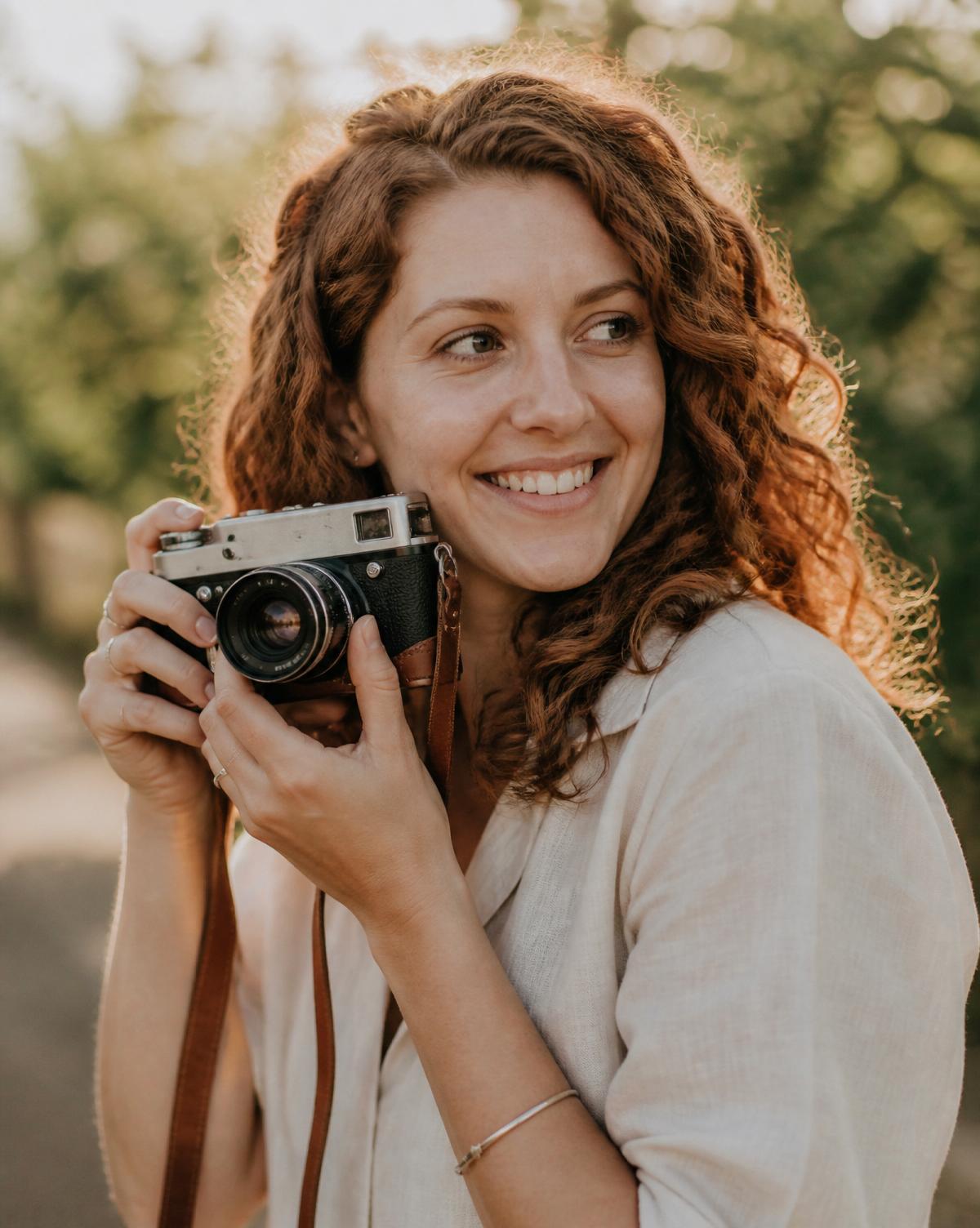 Eliza Hart, photographer, holding her camera at golden hour