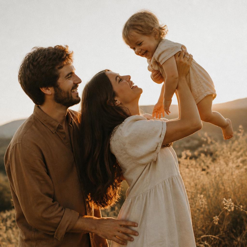 Family in golden hour field